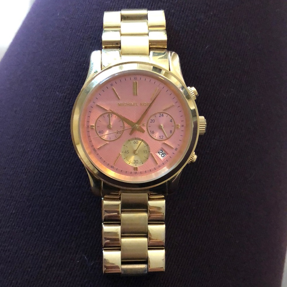 Gold Michael Kors watch, large baby pink face